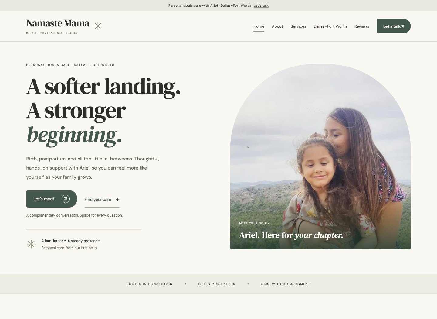 Norlo Studio’s Namaste Mama website design, with warm editorial typography and a portrait of Ariel with her daughter